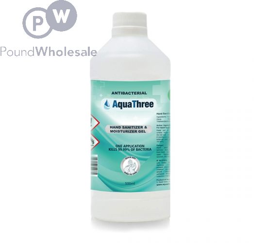 AQUATHREE 70% ALCOHOL ANTIBACTERIAL HAND SANITISER & MOISTURISER GEL 500ML