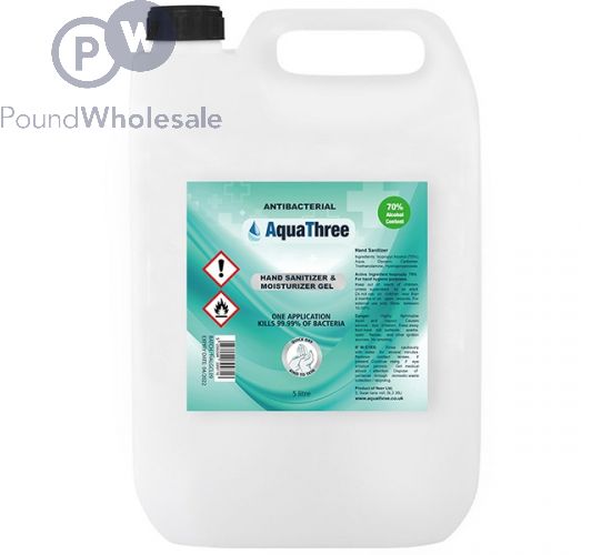 AQUATHREE 70% ALCOHOL ANTIBACTERIAL HAND SANITISER & MOISTURISER GEL 5L