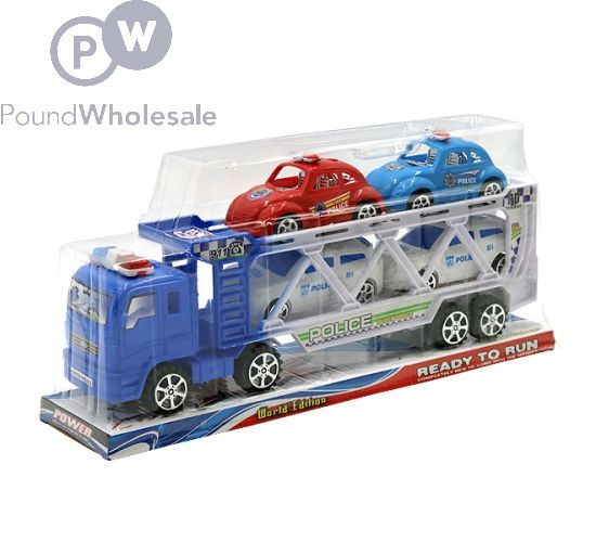 FRICTION POLICE TRUCK WITH FOUR POLICE CARS BOXED SIDE VIEW