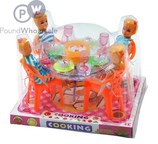 DINING TABLE WITH DOLLS, CHAIRS & DINING ACCESSORIES PLAY SET