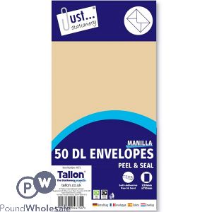 Just Stationery DL Manilla Peal &amp; Seal Envelopes 229mm X 110mm 50 Pack