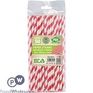 Red &amp; White Striped Biodegradable Paper Straws 50 Pack