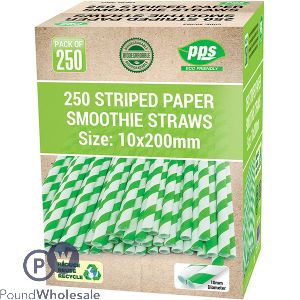 Green & White Striped Biodegradable Paper Smoothie Straws 1cm X 20cm 250 Pack