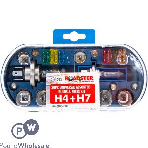 Roadster H4 + H7 Universal Car Light Bulbs & Fuses Kit 30pc