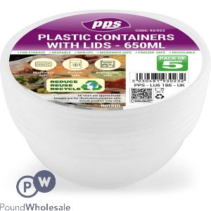 Clear Plastic Round Food Containers With Lid 650ml 5 Pack