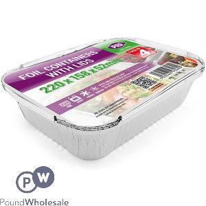 Foil Containers With Lids 22cm X 15.8cm X 5.2cm 4 Pack