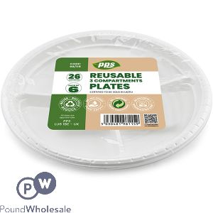 White Plastic 3 Compartment Reusable Plates 26cm 6 Pack