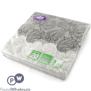 Black & White Paisley 3 Ply Paper Napkins 33cm 20 Pack