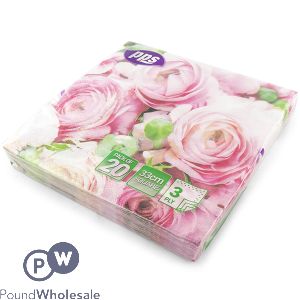 Pink Roses &amp; Green Leaf 3 Ply Paper Napkins 33cm 20 Pack