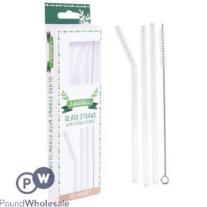 Reusable Glass Straws 3 Pack &amp; Straw Cleaner Brush