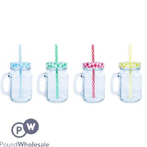 Mason Jar With Lid & Straw 450ml 4 Assorted Colours