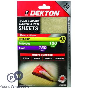 Dekton 12 Piece Multi Surface Sandpaper Sheets