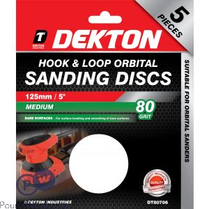 Dekton 125mm Hook & Loop Orbital Sanding Discs 5 Pack 80 Grit