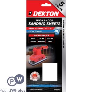 Dekton 93mm X 230mm Hook & Loop 40 Grit Sanding Sheets 5 Pack