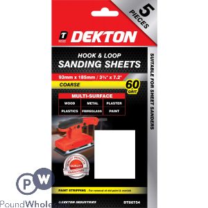 Dekton 93mm X 185mm Hook & Loop 60 Grit Sanding Sheets 5 Pack