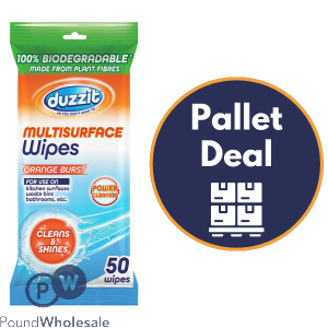 Duzzit Orange Burst Biodegradable Multi-Surface Wipes 50 Pack Pallet Deal