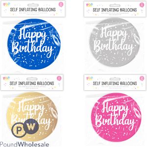 Pop Metallic Self-Inflating Happy Birthday Balloon 2 Pack Assorted Colours