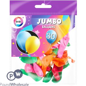 DID Jumbo Balloons Assorted Colours 30 Pack