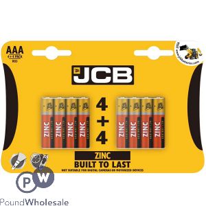 JCB Zinc R03/UM4 AAA Batteries 4 + 4 Pack