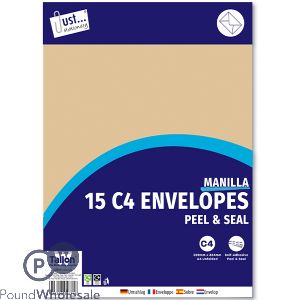 Just Stationery C4 Manilla Peel & Seal Envelopes 15 Pack