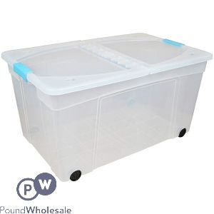 Large Clear Clippy Storage Box With Wheels & Folding Lid 110l