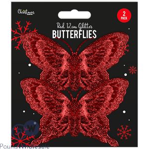 Christmas Red Glitter Butterfly Decorations 2 Pack