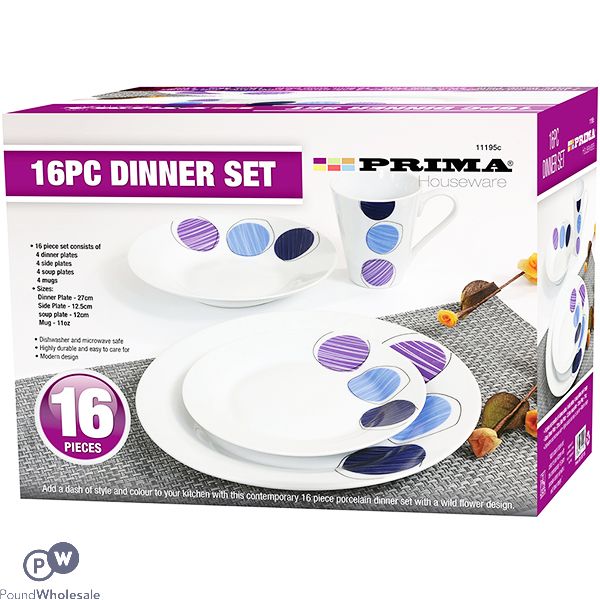 Prima Black, Blue & Purple Wild Flower Dinner Set 16pc