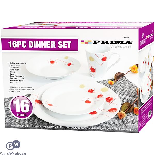 Prima Red & Cream Wild Flower Dinner Set 16pc