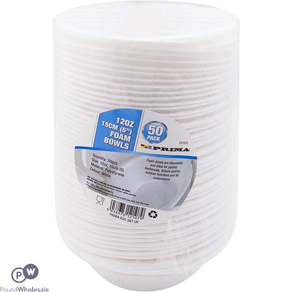 Prima Disposable White Polystyrene Foam Bowls 15cm 50 Pack