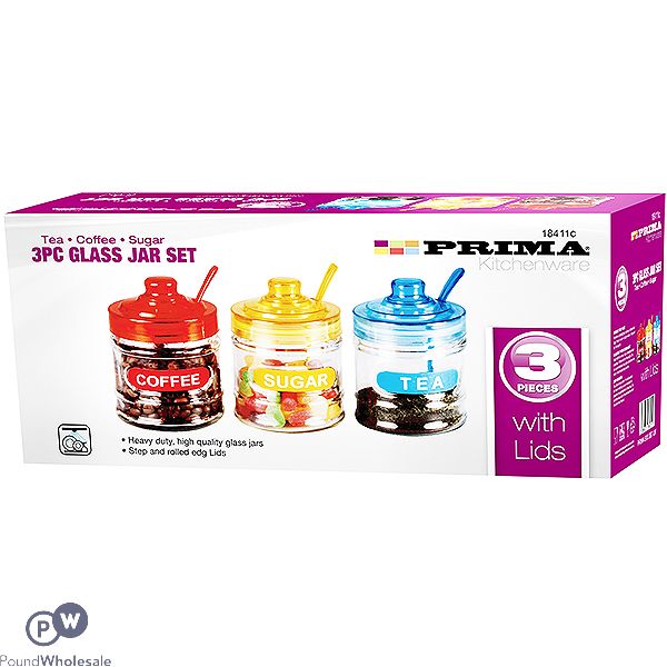 Prima Tea, Coffee & Sugar Glass Jar Set 3pc