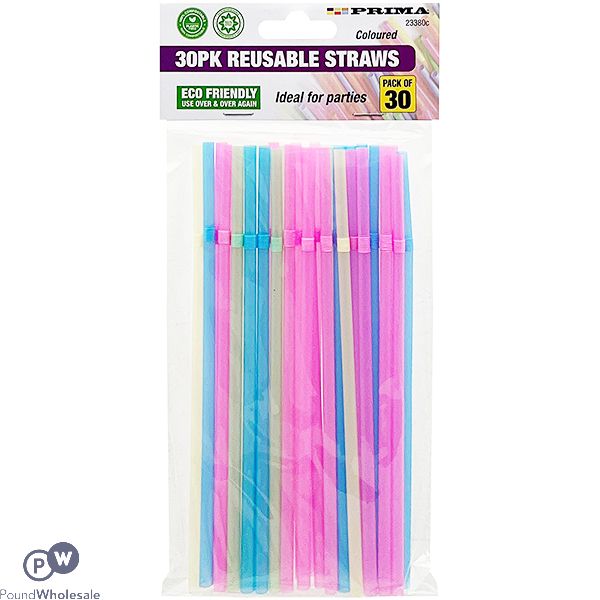 Prima Assorted Colour Neon Reusable Flexible Straws 30 Pack