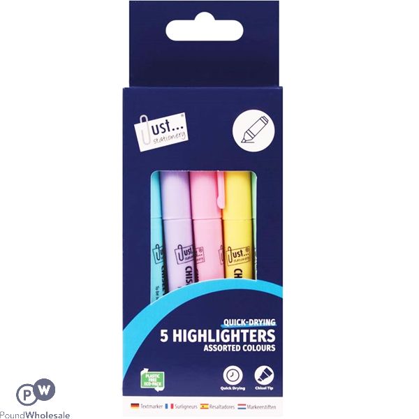 Just Stationery Assorted Pastel Chisel Tip Highlighter Pens 5 Pack