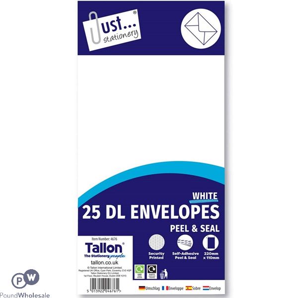 Just Stationery DL Peel & Seal Envelopes 220mm X 110mm 25 Pack