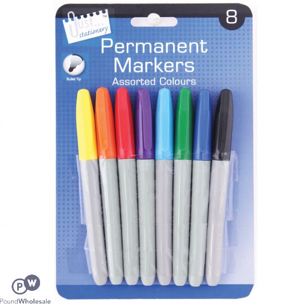 Just Stationery Assorted Colour Bullet Tip Permanent Markers 8 Pack
