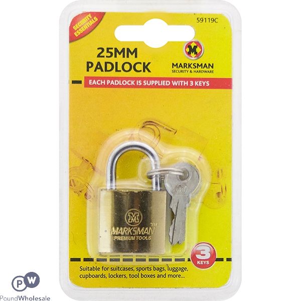 MARKSMAN 25MM BRASS-COATED PADLOCK WITH 3 KEYS