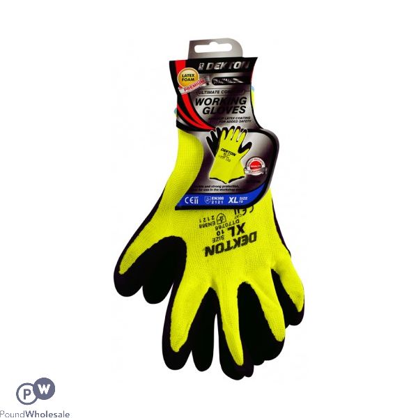 Dekton Comfort Grip Working Gloves Black/Hi Vis Green Latex Foam 10/Xl