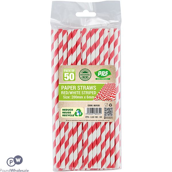 Red & White Striped Biodegradable Paper Straws 50 Pack