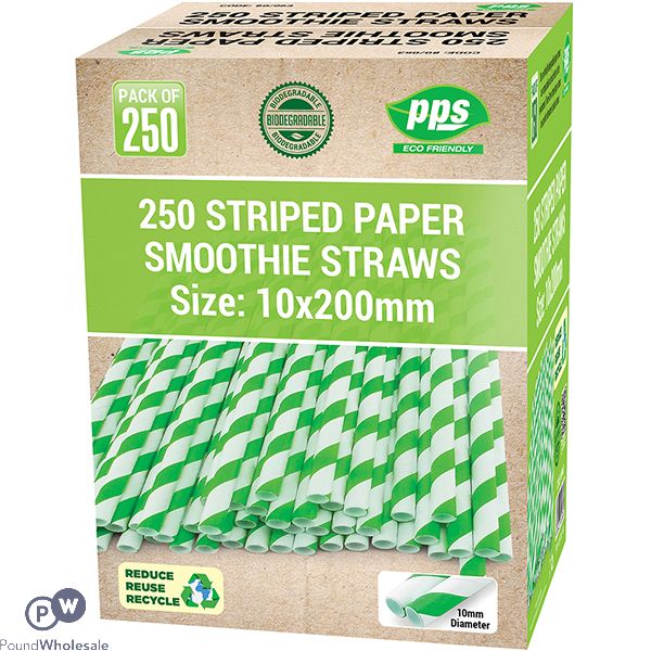 Green & White Striped Biodegradable Paper Smoothie Straws 1cm X 20cm 250 Pack