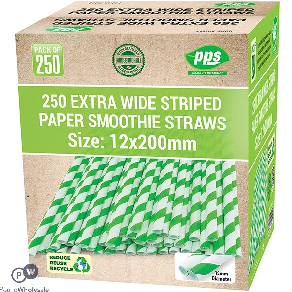 Green & White Striped Biodegradable Extra Wide Paper Smoothie Straws 1cm X 20cm 250 Pack