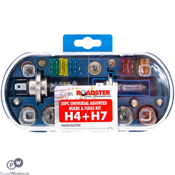 Roadster H4 + H7 Universal Car Light Bulbs & Fuses Kit 30pc