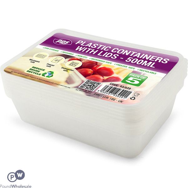 Clear Plastic Rectangular Food Container With Lid 500ml 5 Pack