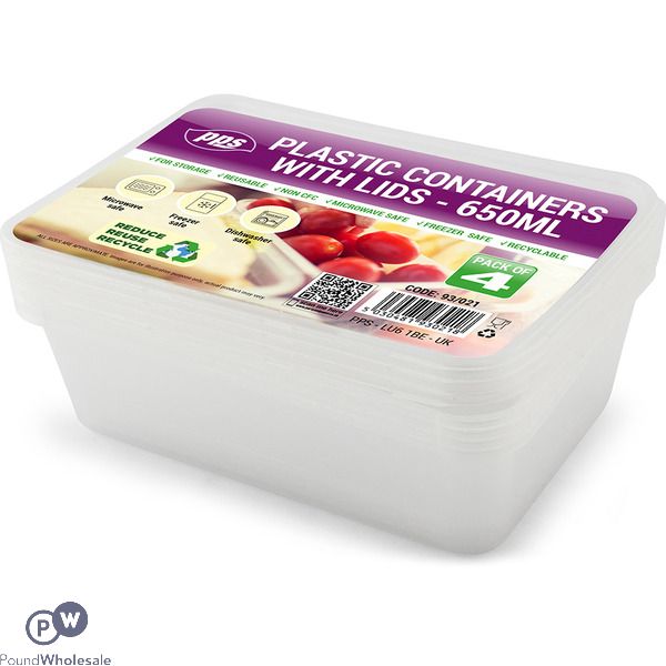 Clear Plastic Rectangular Food Container With Lid 650ml 4 Pack