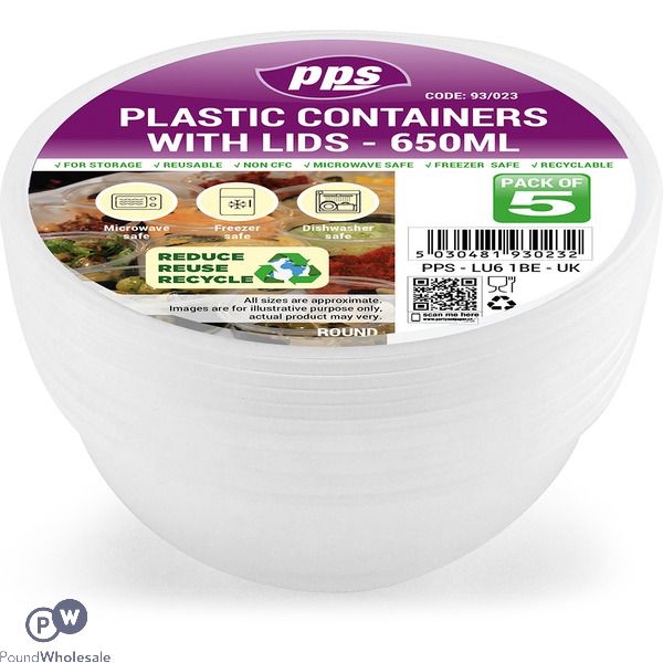 Clear Plastic Round Food Containers With Lid 650ml 5 Pack