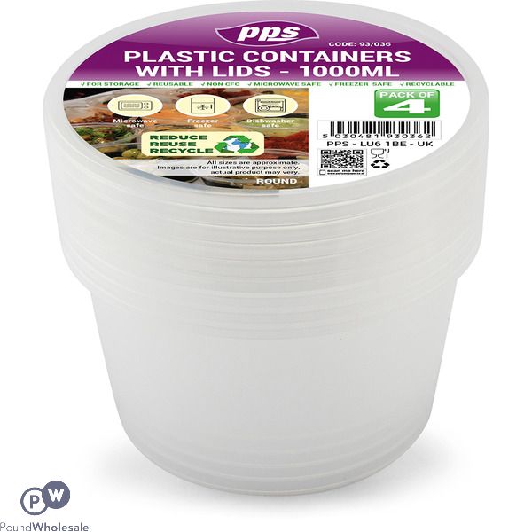 Clear Plastic Round Food Containers With Lid 1000ml 4 Pack