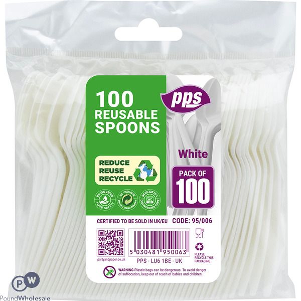 Party Solutions Plastic White Cutlery Spoons 100 Pack