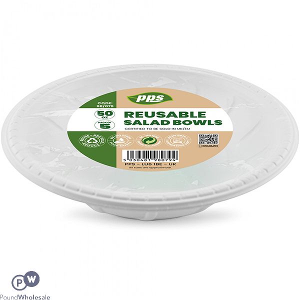 White Plastic Reusable Salad Bowls 50oz 5 Pack