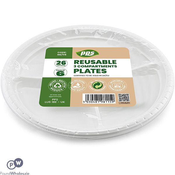 White Plastic 3 Compartment Reusable Plates 26cm 6 Pack