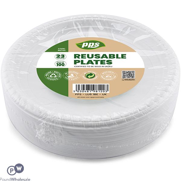 White Plastic Reusable Plates 23cm 100 Pack