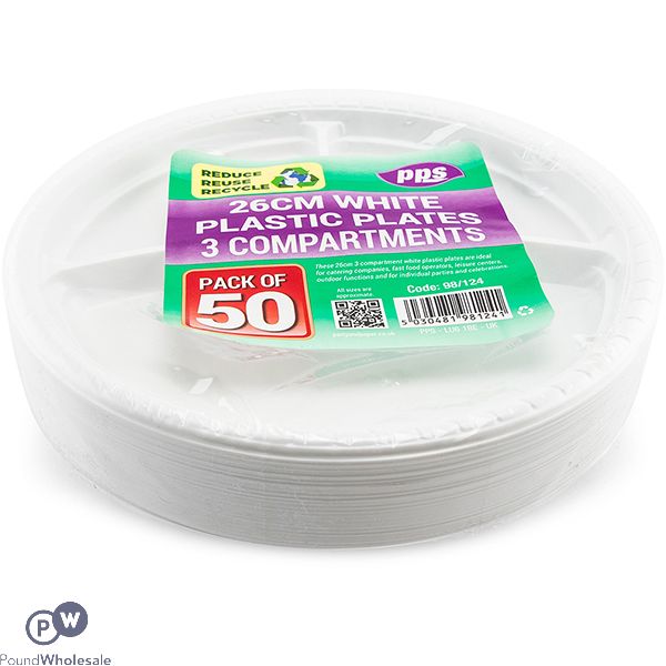 White Plastic 3 Compartment Plates 26cm 50 Pack