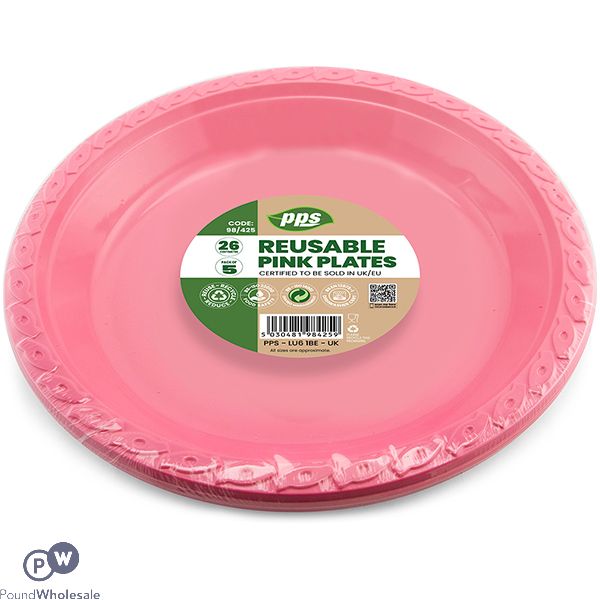 Pink Plastic Reusable Plates 26cm 5 Pack